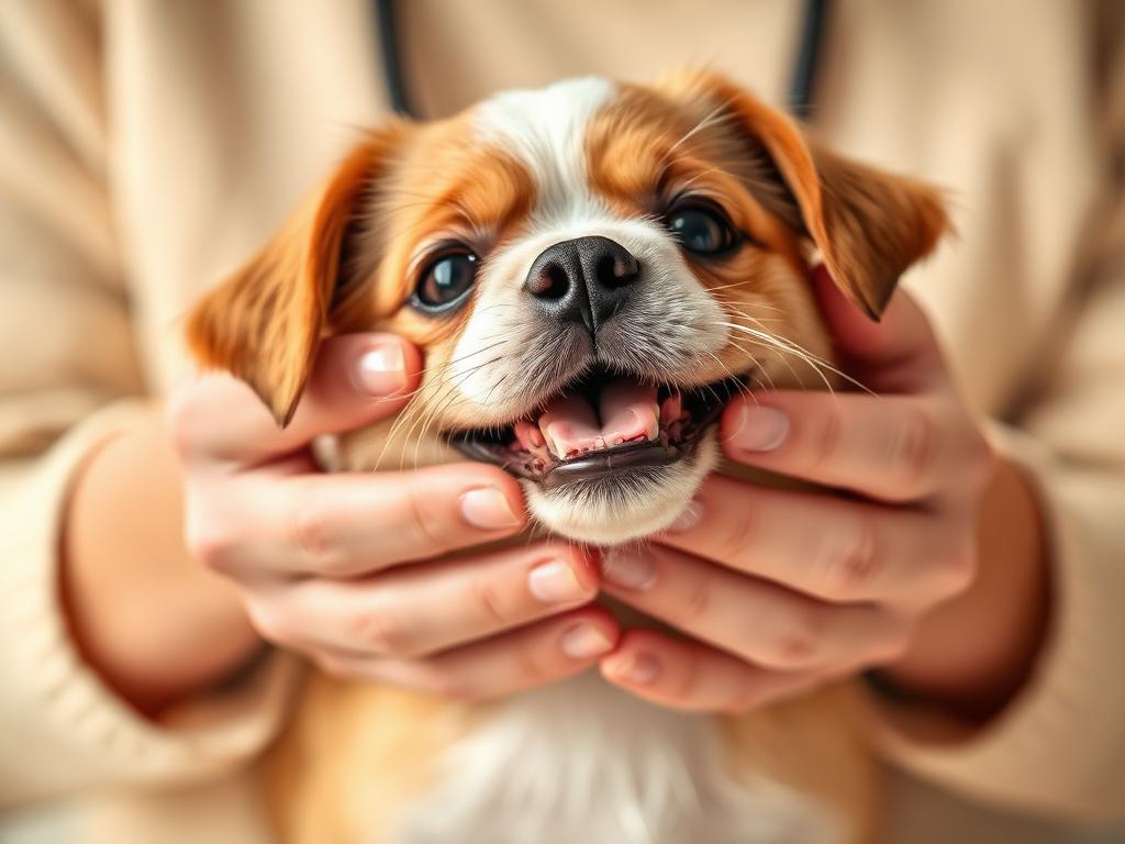 Mãos cuidando com carinho de um cachorro pequeno
