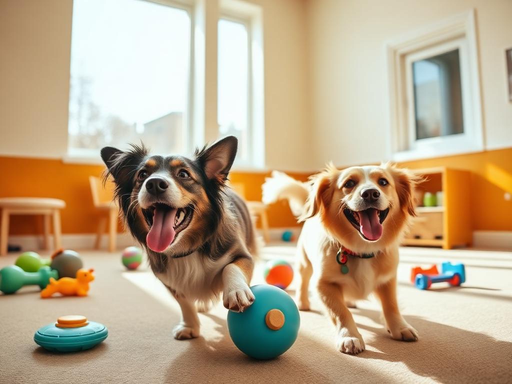 Cachorros brincando em um espaço de convivência para pets
