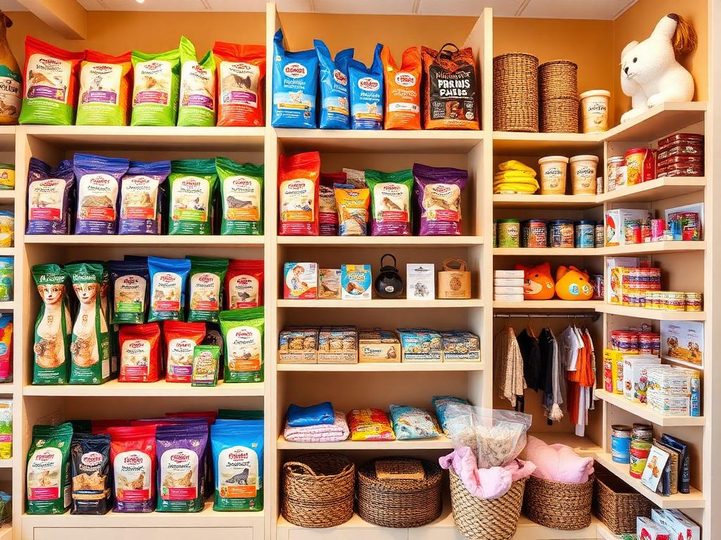 Prateleiras com rações e produtos para pets
