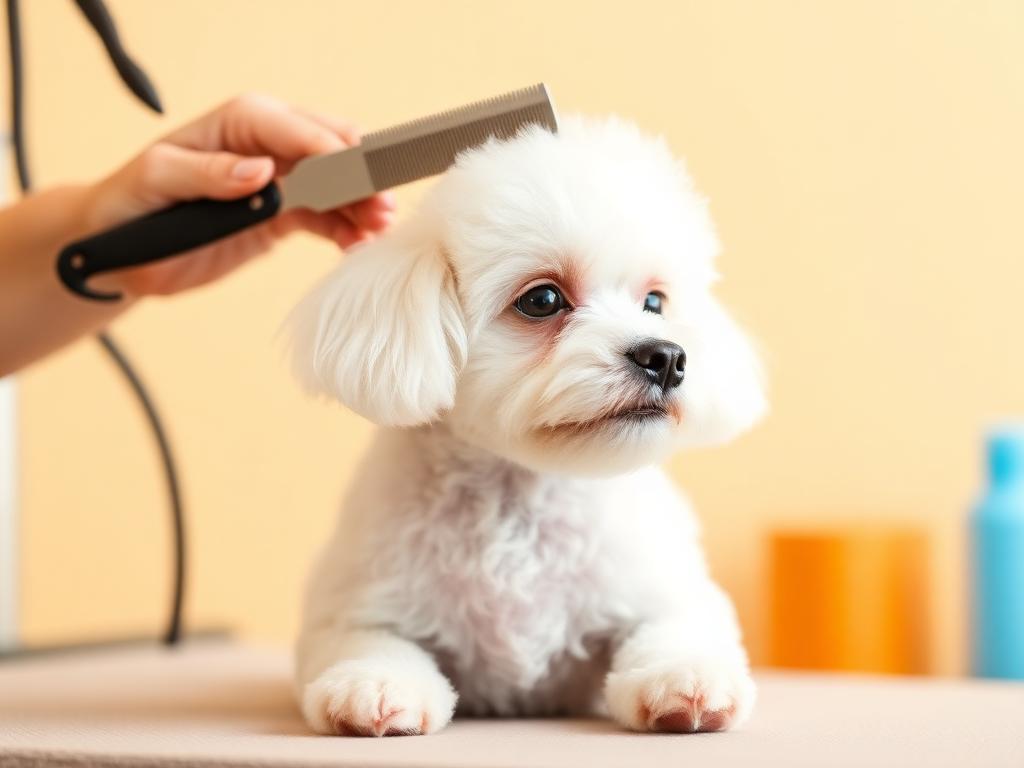 Poodle branco recebendo cuidados de tosa